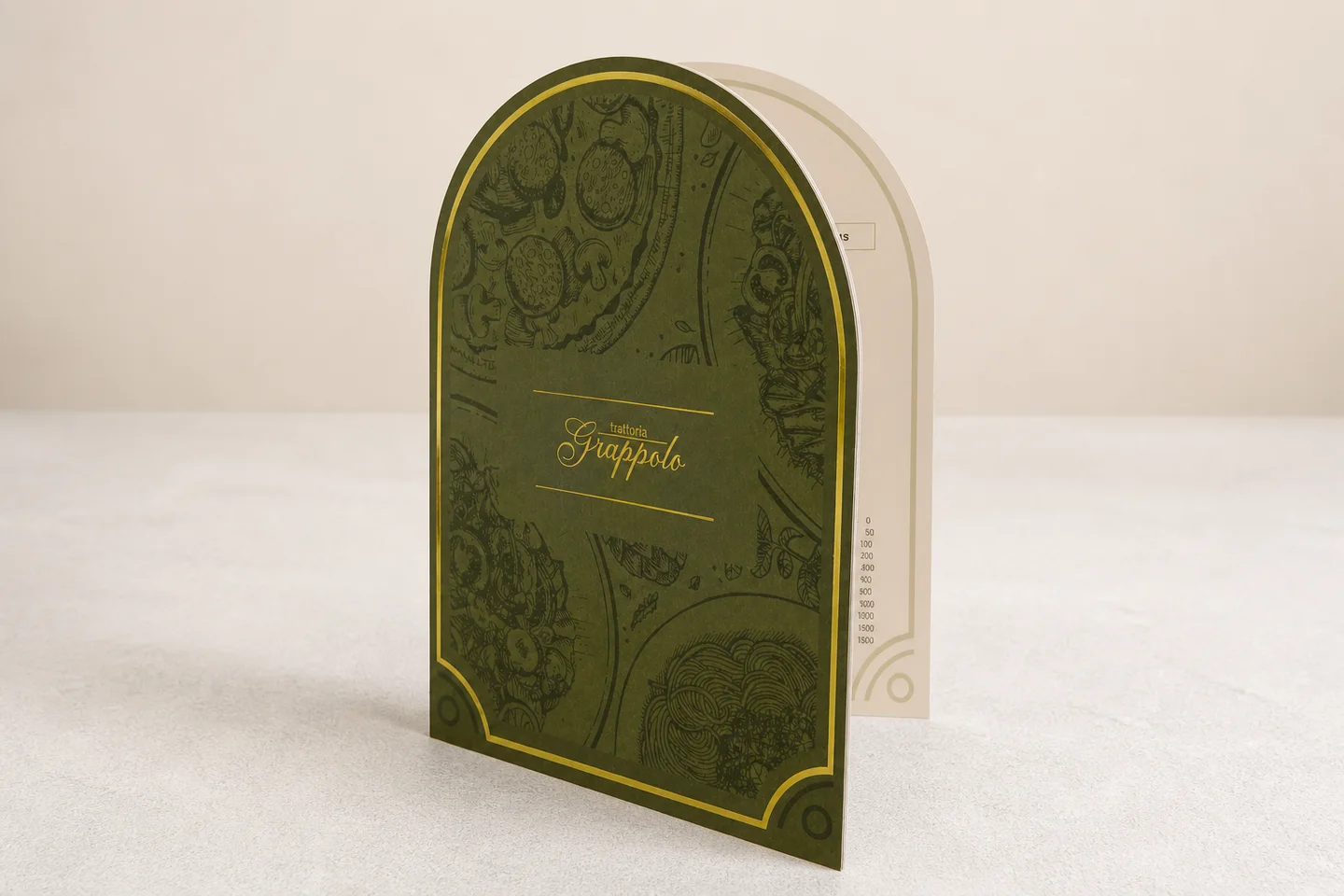 Menú verde con forma arqueada y detalles dorados